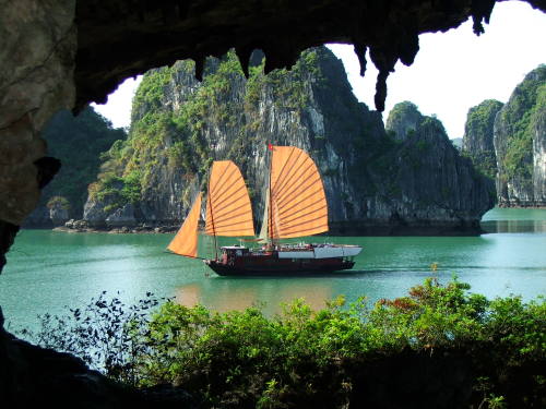 Halong Bay Fantastic attraction a boat diving in the water