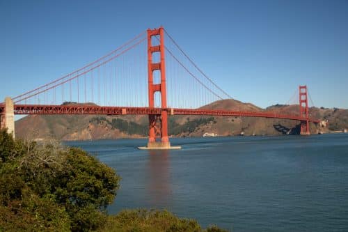 The Golden Gate Bridge seen from the Presidio, near the Battery East Trail, in San Francisco, California